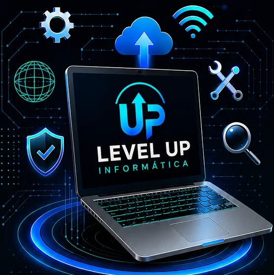 Notebook com a logo da Level Up Informática, cercado de ícones de nuvem, Wi-Fi, segurança e ferramentas